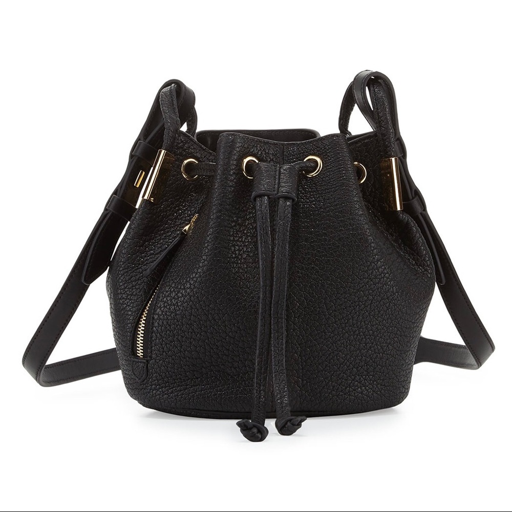 Time's Arrow Mini Black Pebbled Leather Bucket Bag Crossbody Purse Boho New